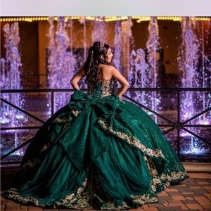Elegant Green Ball Gown with Gold Accents with bouquet!